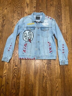 Light Wash Denim Jacket with Hand-Painted Patchwork Unisex Jacket Size XL